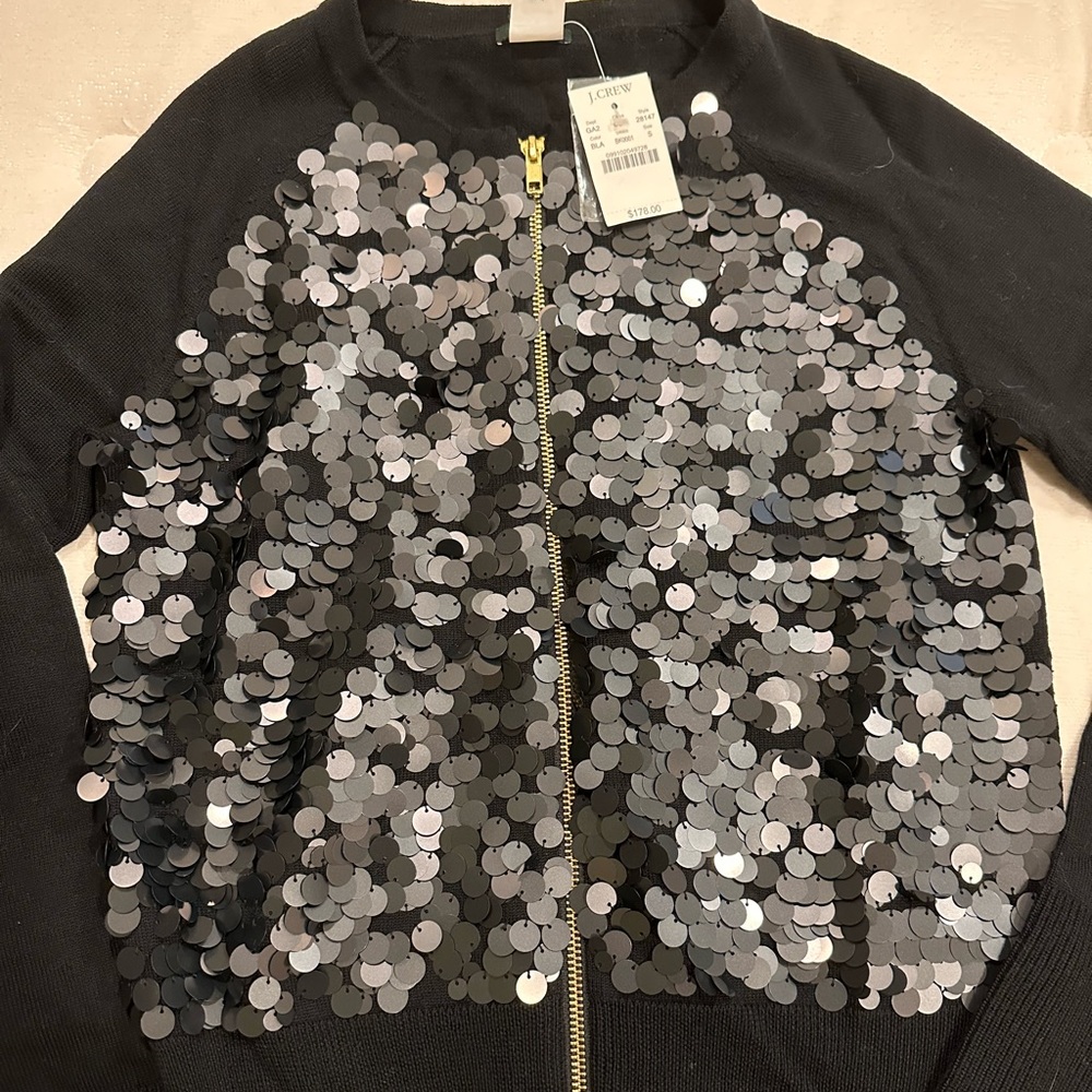 J Crew sequined bomber style sweater. Black with gold zipper detail.